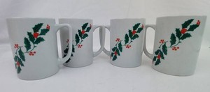 Holiday Holly Mugs - White Ceramic Christmas Cups (Lot of 4)