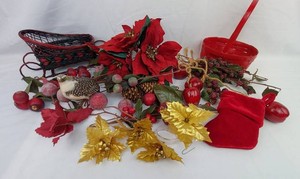 Christmas Decorations - Assorted Holiday Decor with Poinsettias, Berries, Basket & Ornaments