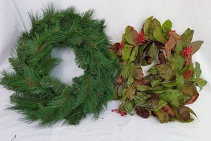 Artificial wreath assortment with two decorative wreaths, including a pine-needle wreath and a