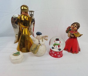 Christmas Decor - 5pc Holiday Figurines, Candleholders, Snow Globe & Trinket Box