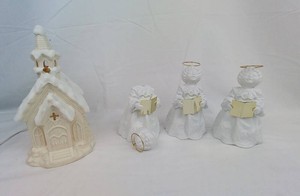 Christmas Church & Angel Figurines - Lighted Chapel with 3 Choir Angels (Lot of 4)