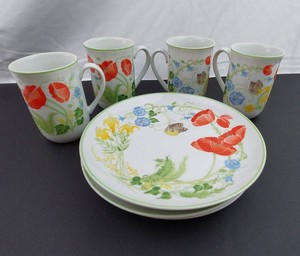 Floral Cup & Plate Set - 4 Cups, 4 Matching Plates (Lot of 8)