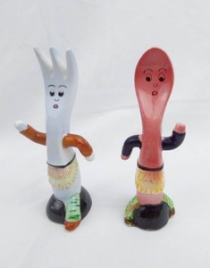 Ceramic Salt And Pepper Shakers - Anthropomorphic Spoon & Fork Pair