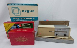 Vintage slide-viewing equipment assortment with an Argus Pre-Viewer II, Posso slide viewer, Tru-Vue