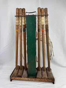 Croquet Set - Vintage Wooden Mallets, Balls, Wickets & Rack