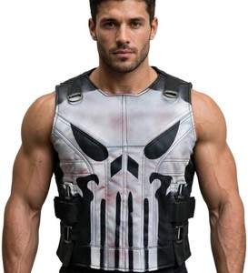 Mens Frank Castle Skull Season 2_3 Motorcycle Black Real Leather Vest Halloween Cosplay Costume-Gift For Him