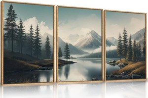 LHIUEM Large Mountain Misty Forest Framed Canvas Wall Art,Nature Ridge Foggy Wall Decor,Snow Lake Woodland Wall Painting,Pine Tree Artwork for Living Room,Bedroom,Dining Room,Office -16x24x3
