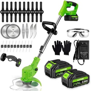 Cordless Weed Wacker with Wheels, 880W Electric Weed Eater with 2 x Batteries, 3-in-1 Battery Powered Grass TrimmerBrush Cutter with 5 Types Saw Blades, Lightweight for Lawn & Garden