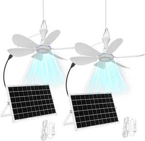 Tujoe 2 Set Solar Powered Ceiling Fan Kit for Outdoor,Portable 15W Solar Panel Powered USB Small Hanging Fan,Dual Charging Modes,for Chicken Coop, Tent,Greenhouse, Shed, Gazebo