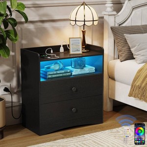 Memobarco Nightstand with Charging Station and LED Light, Black
