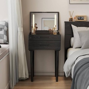 $147 Muwuele Solid Wood Small Vanity Desk with Mirror and Lights, Narrow Makeup Vanity for Small Space, Flip Top Vanity Side Table, 3 Color Modes & Adjustable Brightness, 19.6 Slim Dressing Table, Black