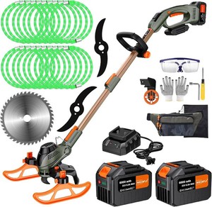 $140 13 Electric Weed Wacker, 4 in 1 Cordless String TrimmerLawn EdgerLawn MowerBrush Cutter with Steel Gears, 2 21V 6.0Ah Batteries & Charger, 5.2 LBS Lightweight Grass Trimmer for Yard Garden