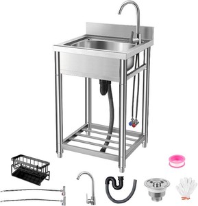 $140 Stainless Steel Utility Sink Free Standing Single Bowl Kitchen Sink with Cold and Hot Faucet, FreeStanding Wish Sink for Laundry, Garage, Outdoor, Garden- with Sink Caddy Organizer 22in