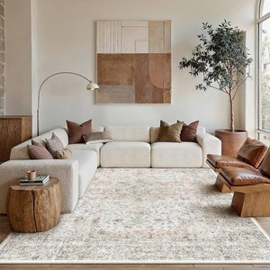 6x9 Washable Area Rug Beige Grey Non Slip Vintage Carpet