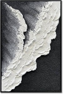 $140 NANKAI Hand-Painted Thick Texture Black and White Abstract Canvas Art Ocean Wave Beach Landscape Oil Painting Home Wall Art Deco Oil Painting 24X36 Inches (with Solid Wood Exterior Frame)