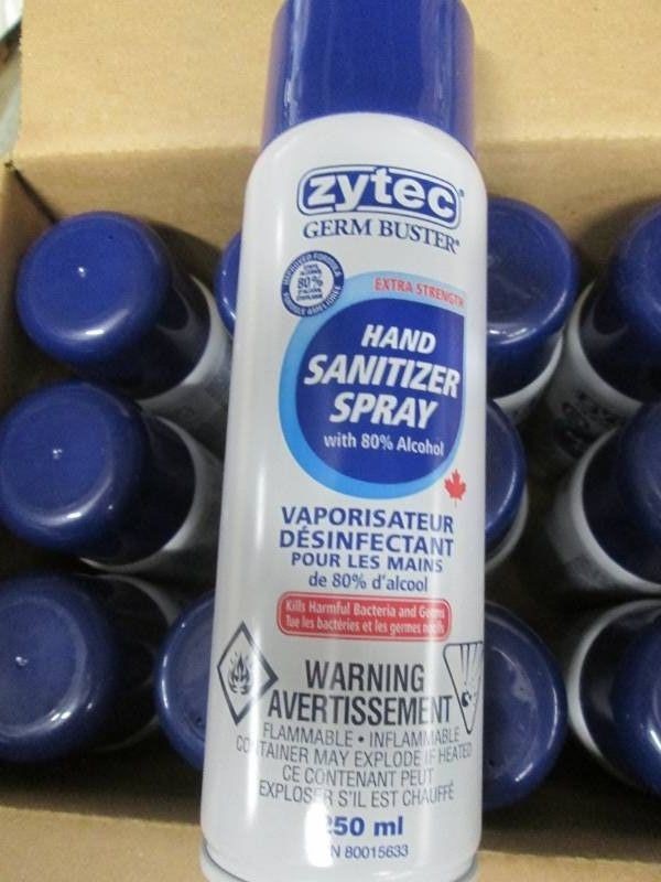 12 Spray cans of Zytec sanitizer spray