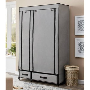 Portable Fabric Storage Wardrobe with Drawers and Hanging Bar - Gray