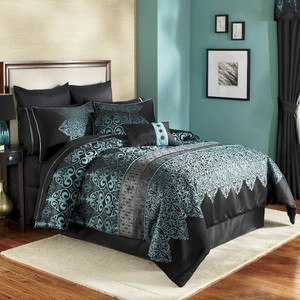 $190 Kismet 10-Piece Luxury Woven Jacquard Comforter and Sheet Set - Teal, Queen