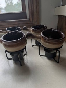 Ceramic Fondue Pots With Metal Stands (Lot of 4)