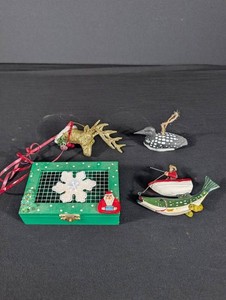Holiday Decor Mixed Lot - Reindeer, Bird, Santa Fish & Keepsake Box (4pc)