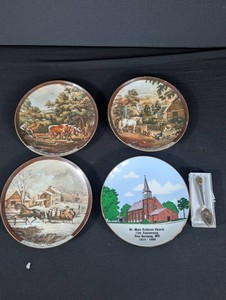 Mixed Lot of 4 Currier & Ives Plates & Minnesota Souvenir Spoons