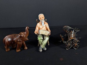 Decorative Figurine Group - Wooden Elephant, Accordion Player & Cart (Lot of 3)