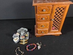 Mixed Lot Wooden Jewelry Chest, Alaska Airlines Pins & Costume Jewelry