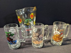 Vintage Schmidt Beer Wildlife Glassware Pitcher & 3 Mugs (Lot of 4)