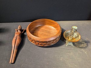 Carved Wood Nutcracker, Floral Bowl & Figural Compote Mixed Lot