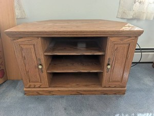 Wood Entertainment Console With Cabinets & Open Shelves