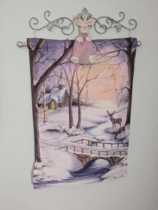 Winter Landscape Fabric Wall Hanging With Plush Rabbit