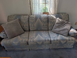 Blue & Taupe Geometric Upholstered 3-Seat Sofa