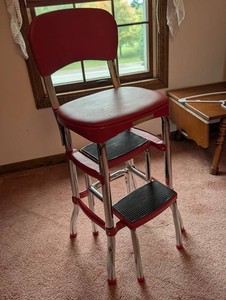 Vintage Red Vinyl Chrome Kitchen Step Chair