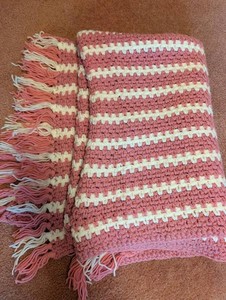 Crocheted Afghan Blanket - Pink & Cream Striped Fringe