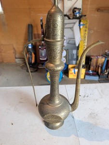 Engraved Metal Floral Ewer With Hinged Lid