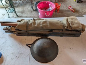 Military-Style Folding Stretcher & Steel Helmet Mixed Lot