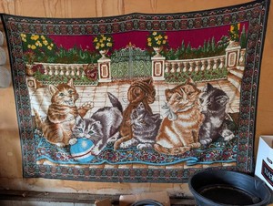 Decorative Cat Garden Scene Woven Textile Wall Hanging