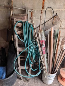 Mixed Lot Garden Hose, Stakes, Tools & Landscaping Supplies