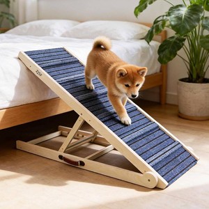 $120 ZJSF Foldable Dog Ramp for High Bed, Wooden Dog Stairs to Bed for Small and Large Dogs, High Traction Platform with 6 Adjustable Heights (13.5-30), 48 L, Supports up to 220 lbs