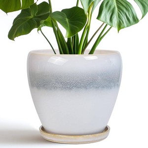 Ceramic Pots for Plants - 8 Inch Planter with Drainage Hole and Saucer, Round Flower Pot for Indoor Outdoor Plants, Decorative Planter, House Patio Decor, Housewarming Gifts, White-Grey