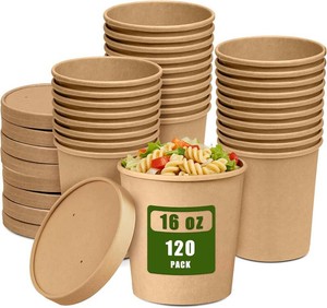 JarThenaAMCS 120 Pack 16 Oz Kraft Paper Soup Containers With Lids Disposable Ice Cream Pint Cups Microwavable Serving Bowls For Home Restaurant Kitchen Food Storage