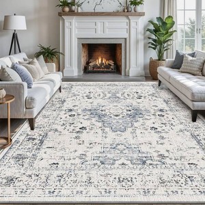 $230 LUMI 10x14 Washable Area Rug for Living Room Bedroom, Ivory Light Blue
