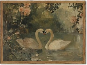 Framed Vintage Swan wall art, Rustic Romantic White Swan Pictures Wall Decor, Cottagecore Farmhouse Animal Paintings Canvas Prints Aesthetic Home Decor for Living Room Bedroom Bathroom 16x24inch