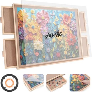 ALL4JIG 2000 Piece Rotating Puzzle Board with 4 Drawers and Cover,28.5x40.16Portable Wooden Jigsaw Puzzle Table for Adults,Lazy Susan Spinning Boards Gift for mom,Surface for Bricks Building