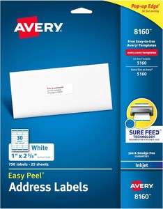 Avery Easy Peel Address Labels, Inkjet Printers, White, 1 x 2-58, Box of 1500 Labels (08160)