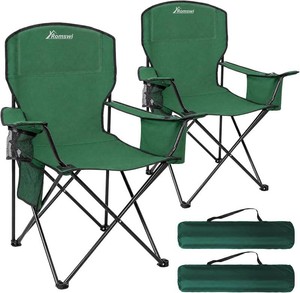 Camping Chairs for Adults, 2 Pack Heavy Duty Folding Chair with 4-Can Cooler Bag, Portable Outdoor Chair with Cup Holder, Collapsible for Tailgating, Beach, Fishing, Green