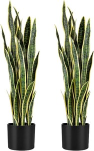KOL 3ft 2PCS Artificial Snake Plant, 35in Faux Sansevieria with PVC Lifelike Leaves for Indoor Home & Garden Decor, Potted Mother-in-Laws Tongue Plants, Yellow