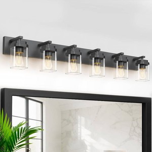 $160 Black Bathroom Light Fixtures, 6 Lights Bathroom Lighting Fixtures Over Mirror, Square Design & Rectangle Large Backplate, Modern Vanity Lighting Fixtures, for BathroomLiving RoomBedroom
