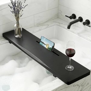 Elegant Black Bamboo Bathtub Tray Caddy, 31 L Adjustable for Standard Tub