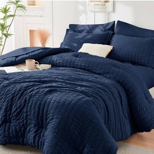 Oversized King Comforter Set 7-PCS, All-Season Bed in a Bag, Navy Blue